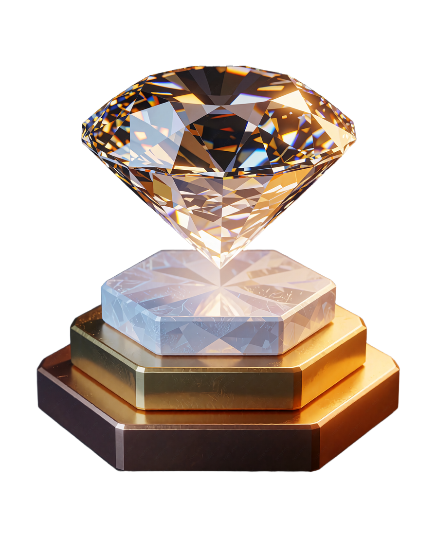 Facetteret diamant over en sekskantet piedestal i tre lag af bronze, guld og isbl&aring; - JB Casinos VIP-niveauer