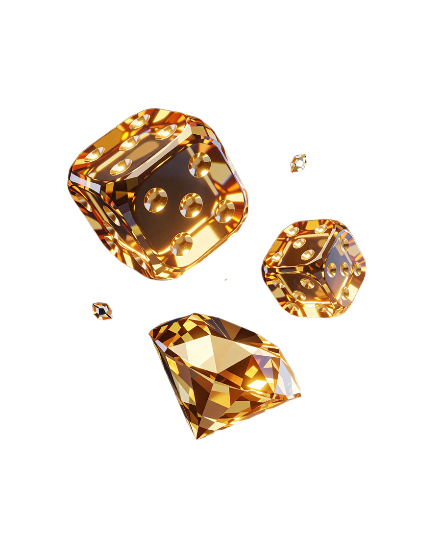 To sv&aelig;vende guldkrystalterninger og en brillantslebet guldsten - symbol p&aring; spiludvalget hos JB Casino